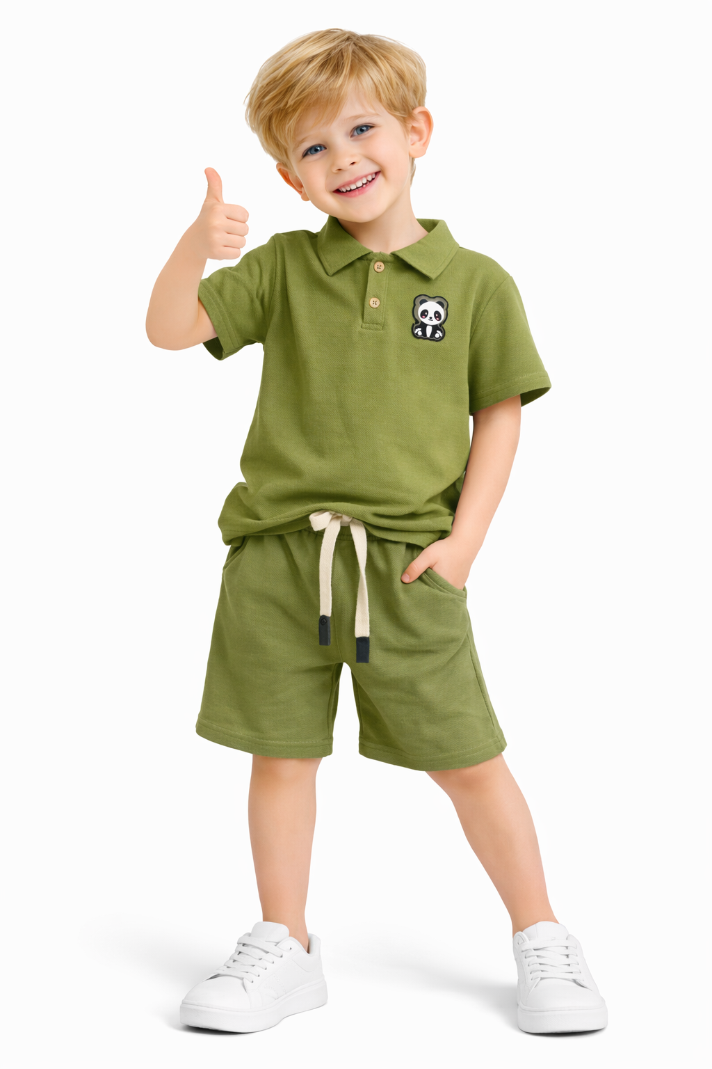 Olive Polo T-Shirt & Shorts Set with Panda Patch