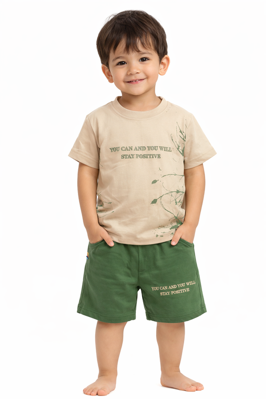 Beige “Stay Positive” Tee & Green Shorts Outfit for Toddlers