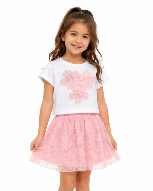 White Floral Appliqué Top & Pink Tulle Skirt Set