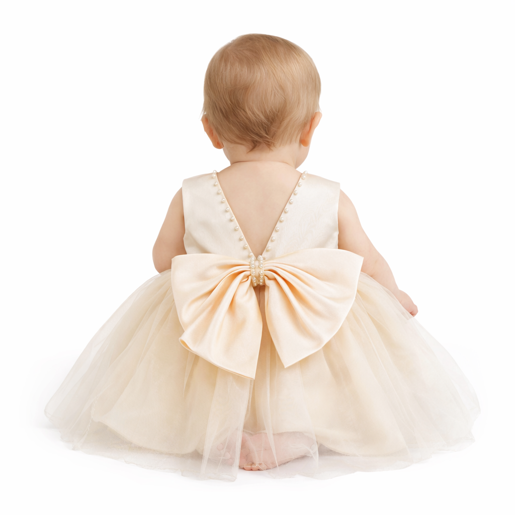 Champagne Elegance Pearl Bow Infant Dress