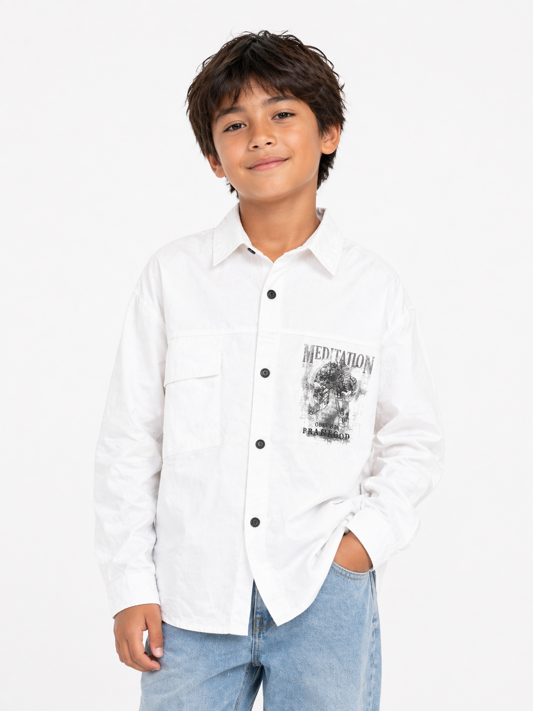 White Graphic Button-Up Casual Shirt