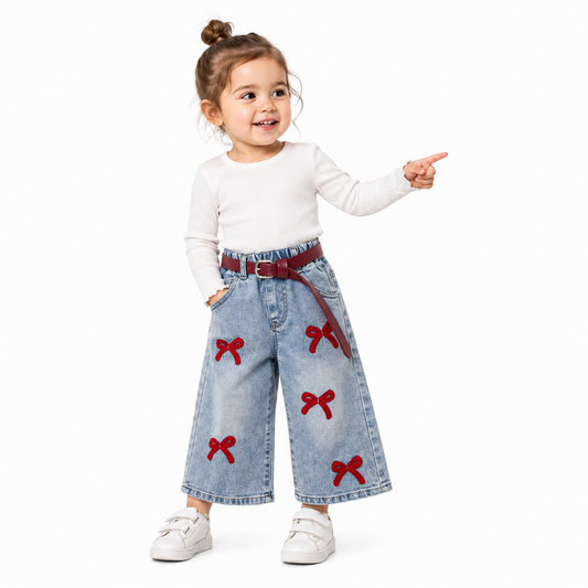 Girls Bow Embroidered Wide-Leg Jeans