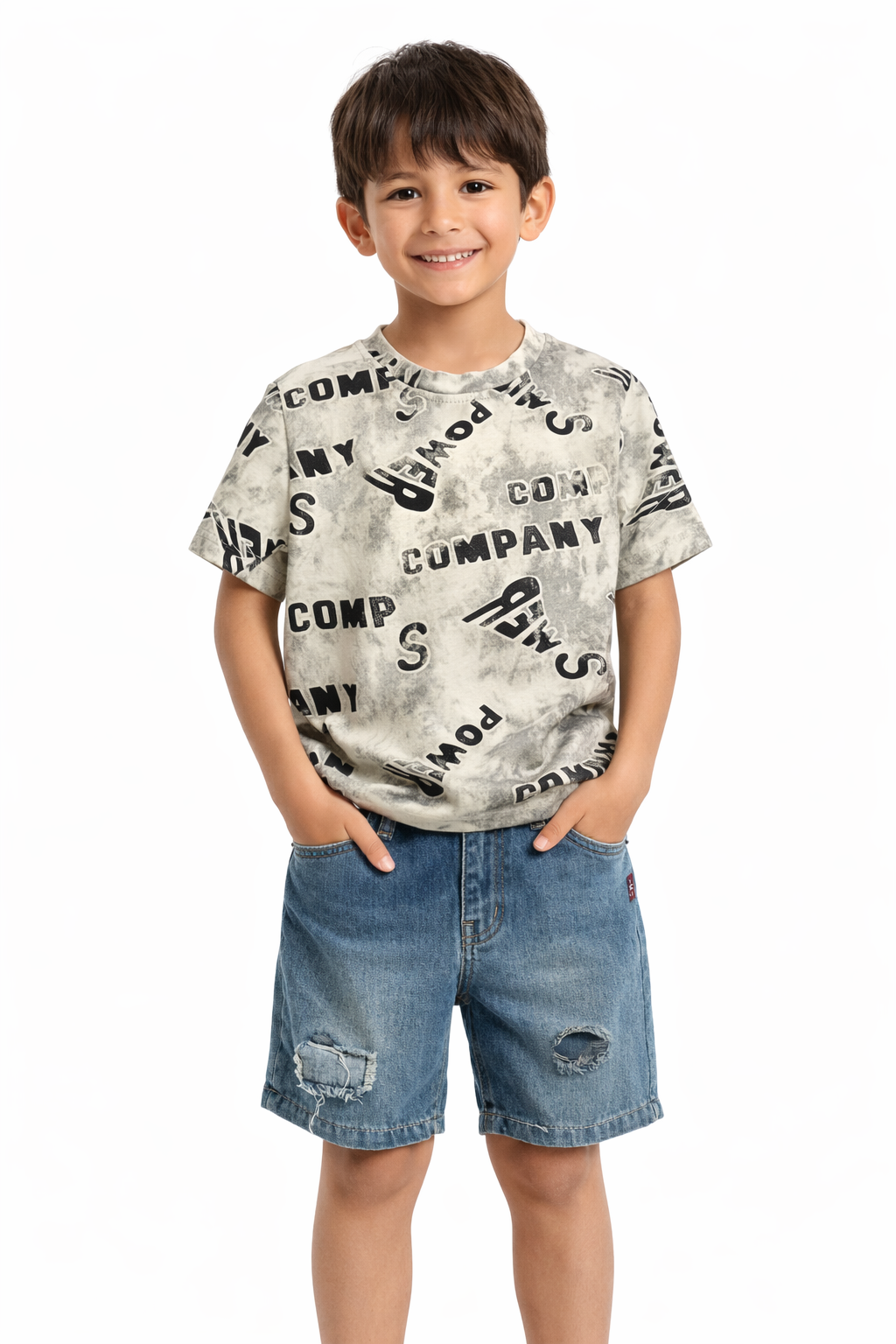 Grey Printed T-Shirt & Distressed Denim Shorts for Boys