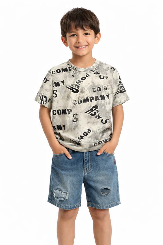 Grey Printed T-Shirt & Distressed Denim Shorts for Boys