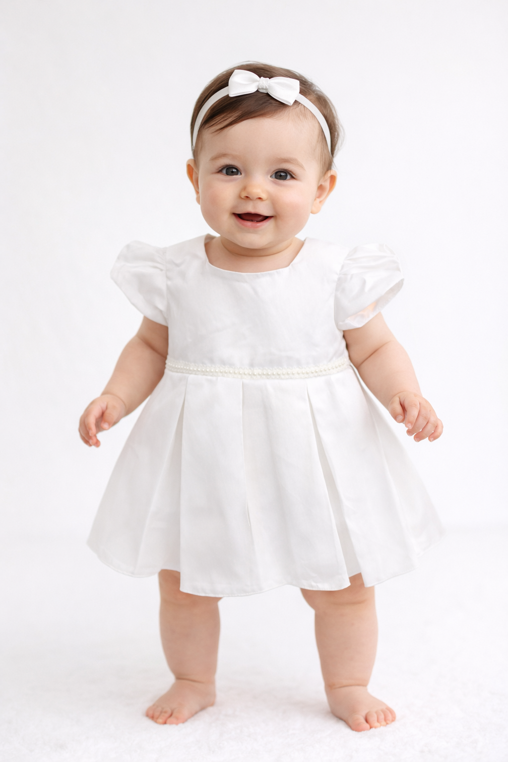 Classic Pearl Trim Baby Girl White Dress