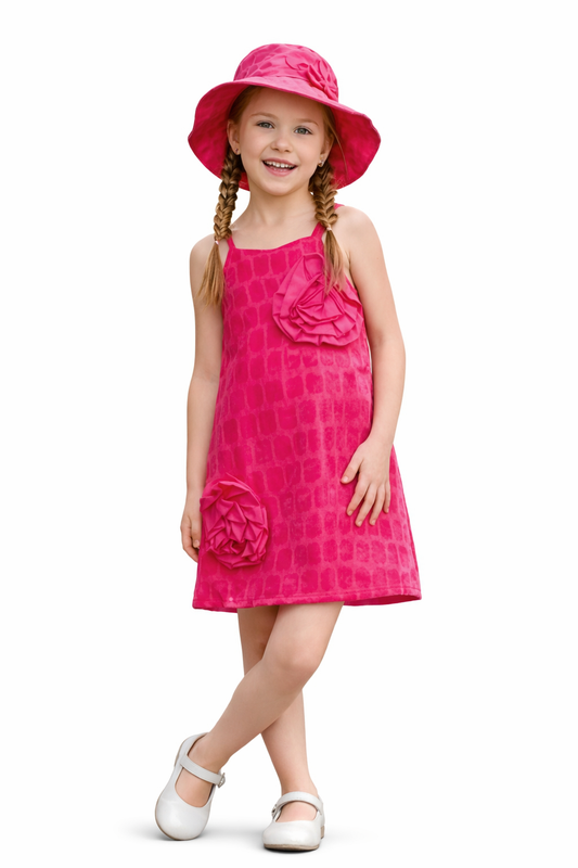 Pink Floral Appliqué Dress with Matching Sun Hat