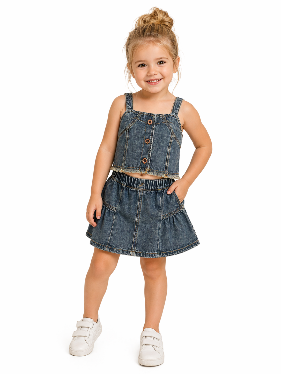Denim Button-Front Top & Skirt Set
