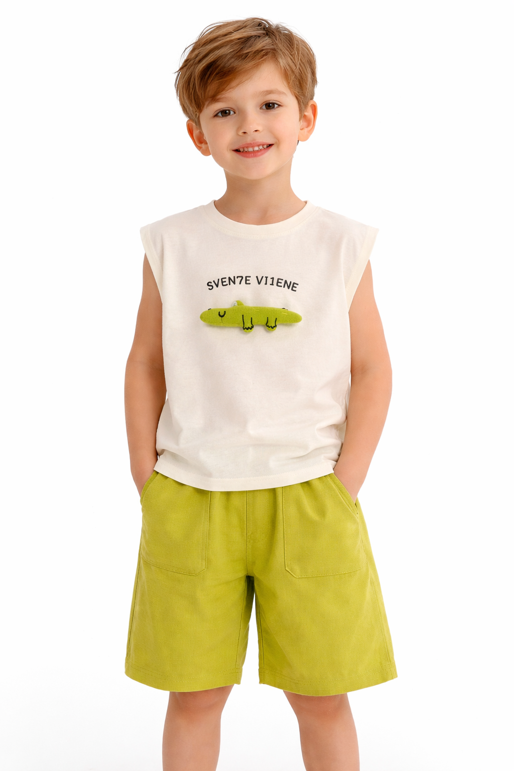 Sleeveless Crocodile Appliqué Tee & Lime Shorts Set