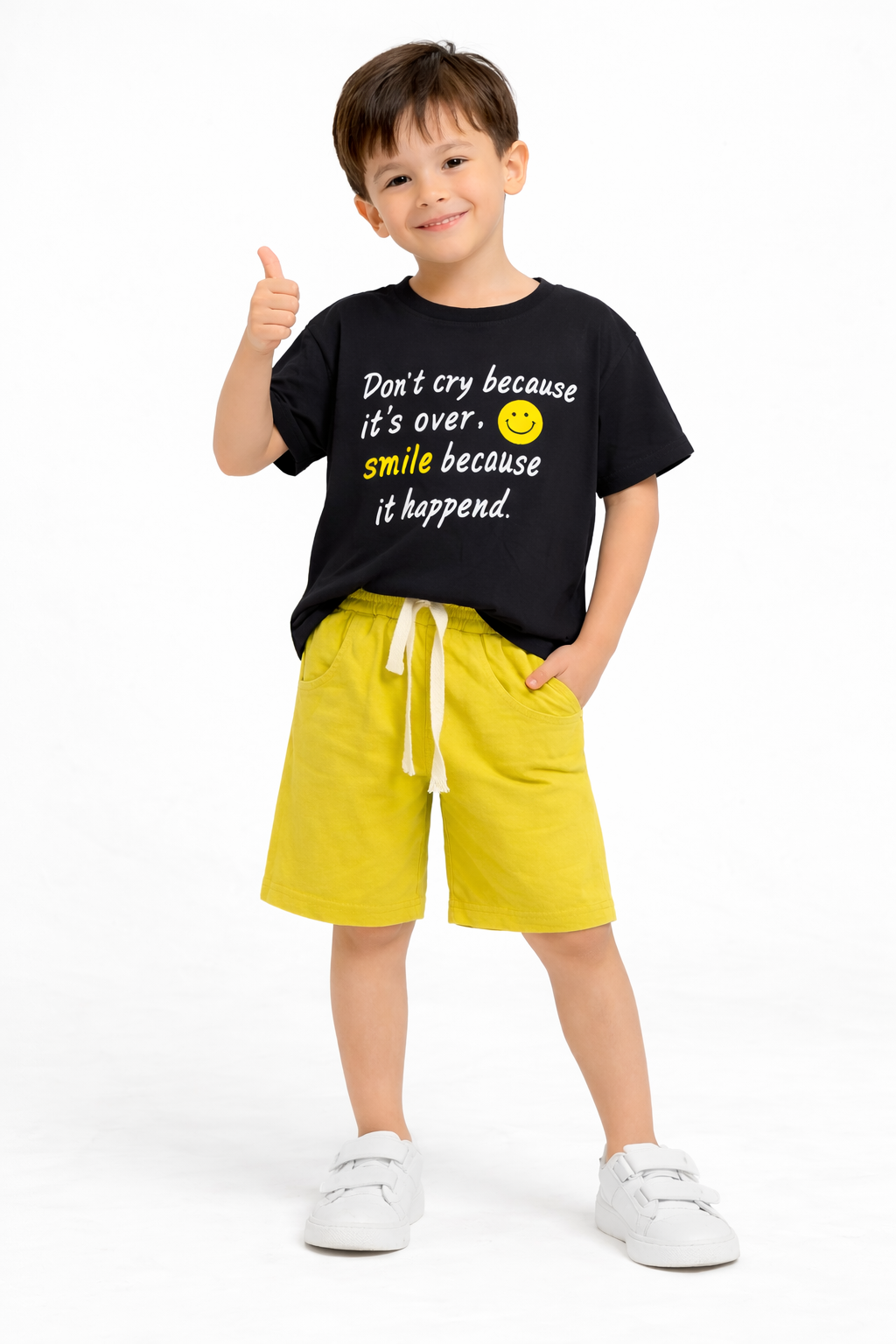 “Don’t Cry, Smile” Graphic Tee & Yellow Shorts Set