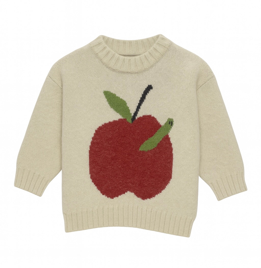 Light Green Knit Sweater With Large Red Apple Design
