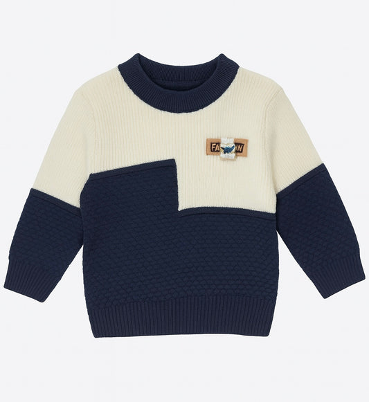 Two-Tone Navy And Cream Textured Knit Sweater