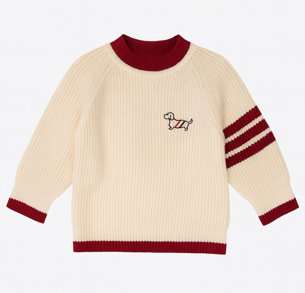Cream Ribbed Sweater With Red Trim and Small Dog Embroidery