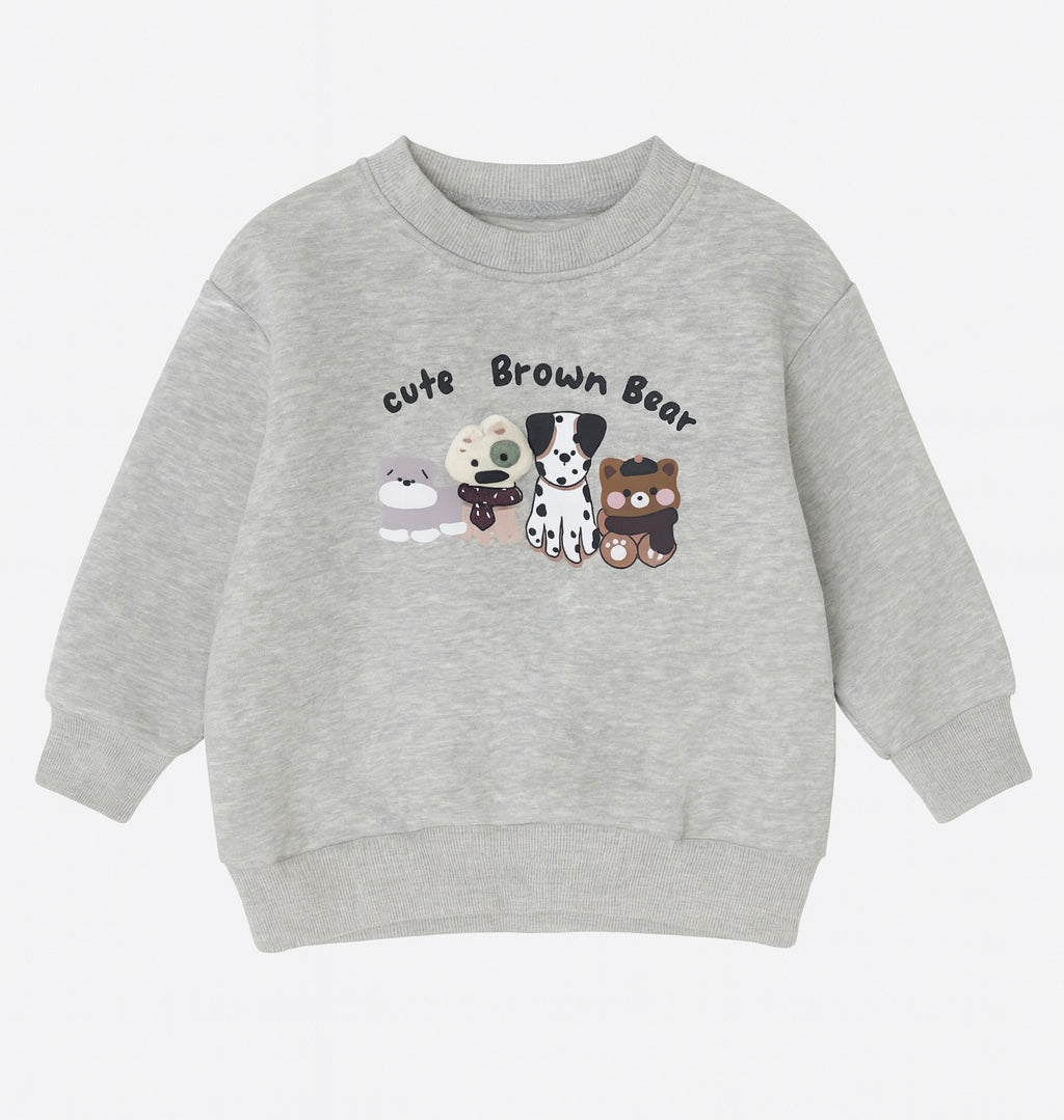 Grey Sweatshirt With Cute Brown Bear Print