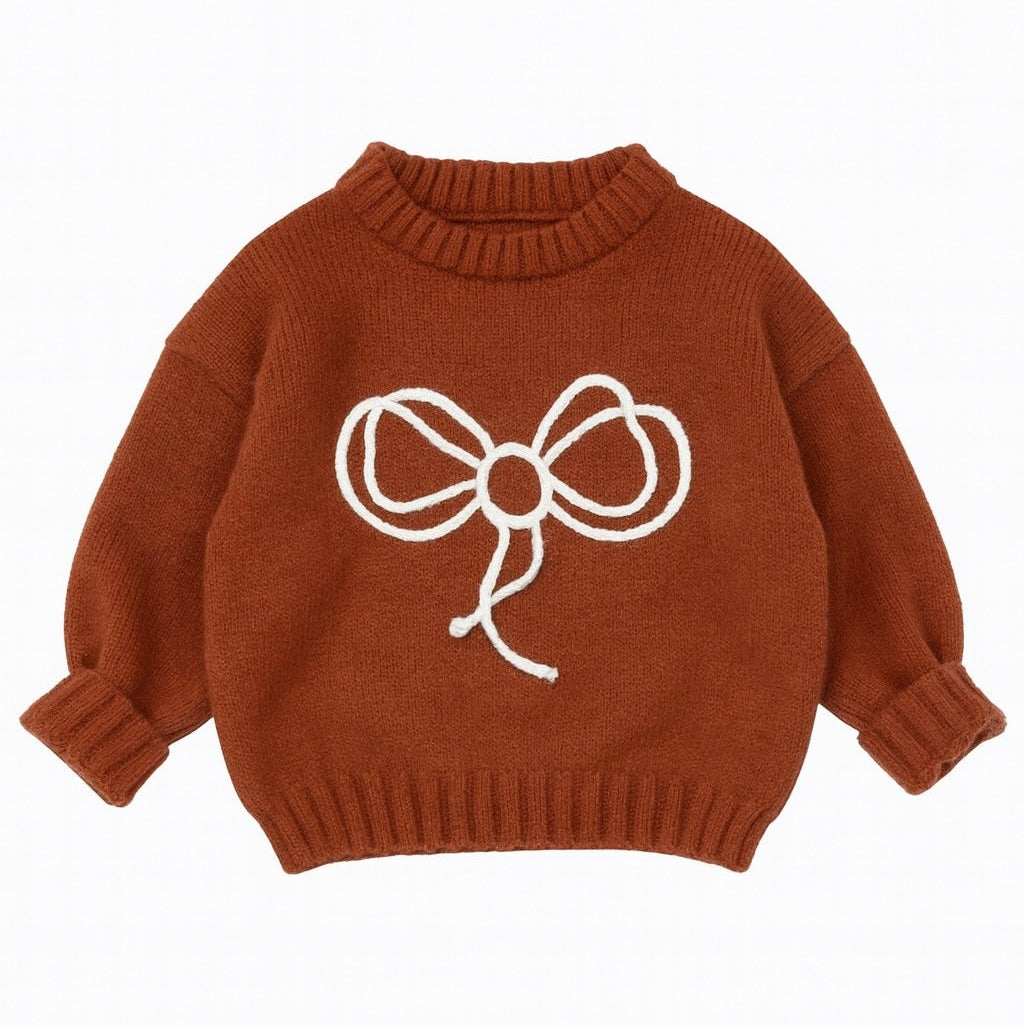 Rust Brown Knit Sweater With White Bow Embroidery