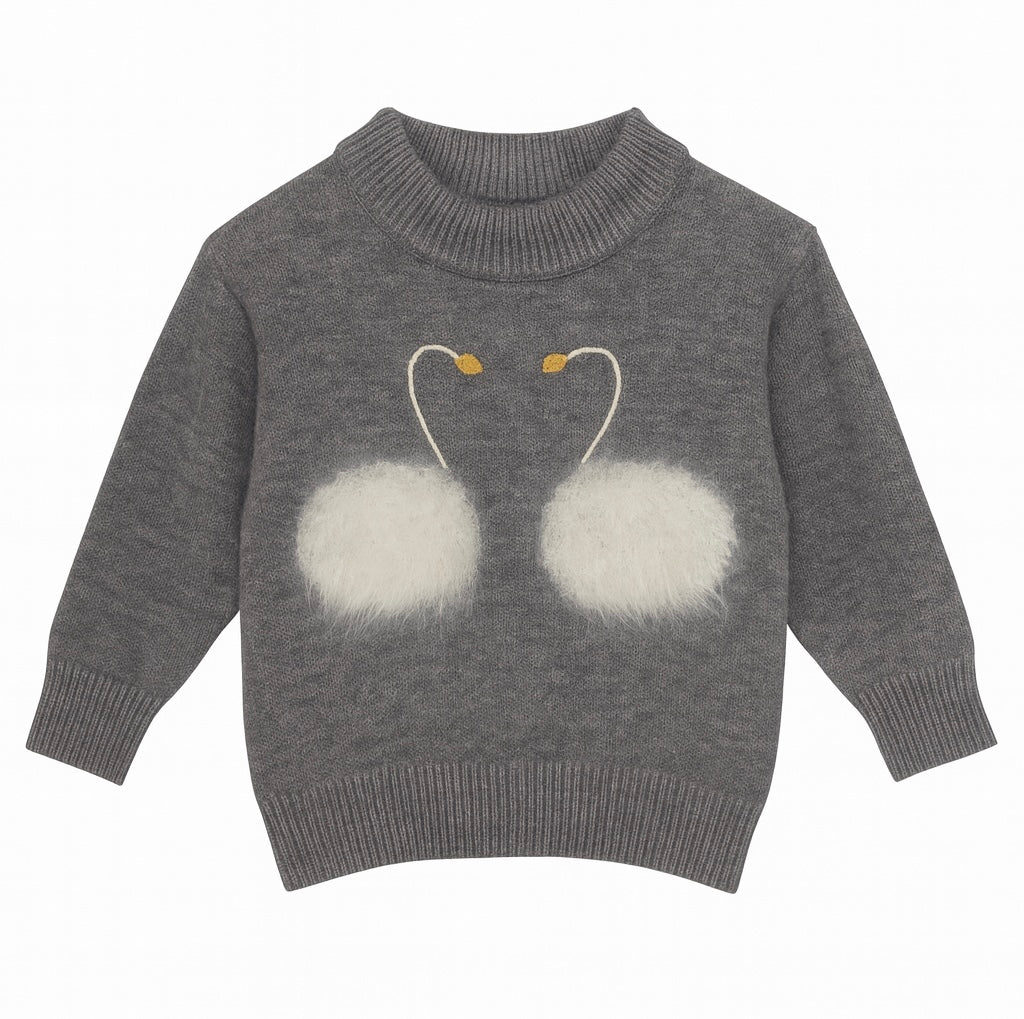 Grey Knit Sweater With Fluffy White Swan Motif