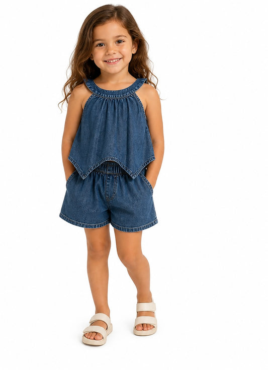 Blue Denim Top & Shorts Set