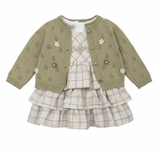 2-Piece Sage Knit Cardigan & Tiered Plaid Dress Set