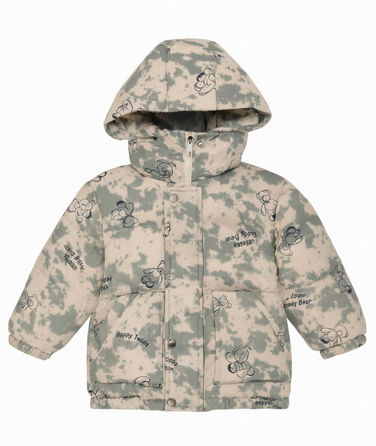Kids' Puffer Jacket With Green Tie-Dye and Teddy Bear Print