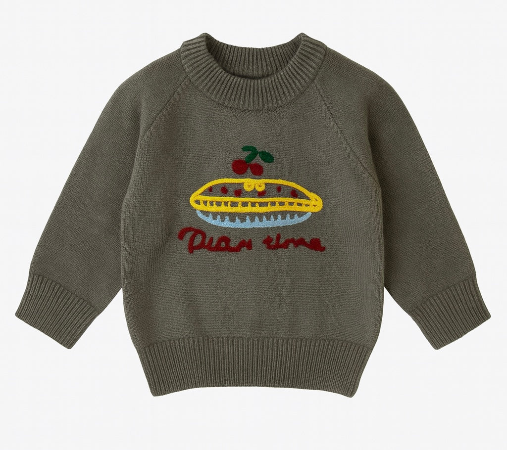 Grey Sweater With Colorful Pie And Cherries Embroidery