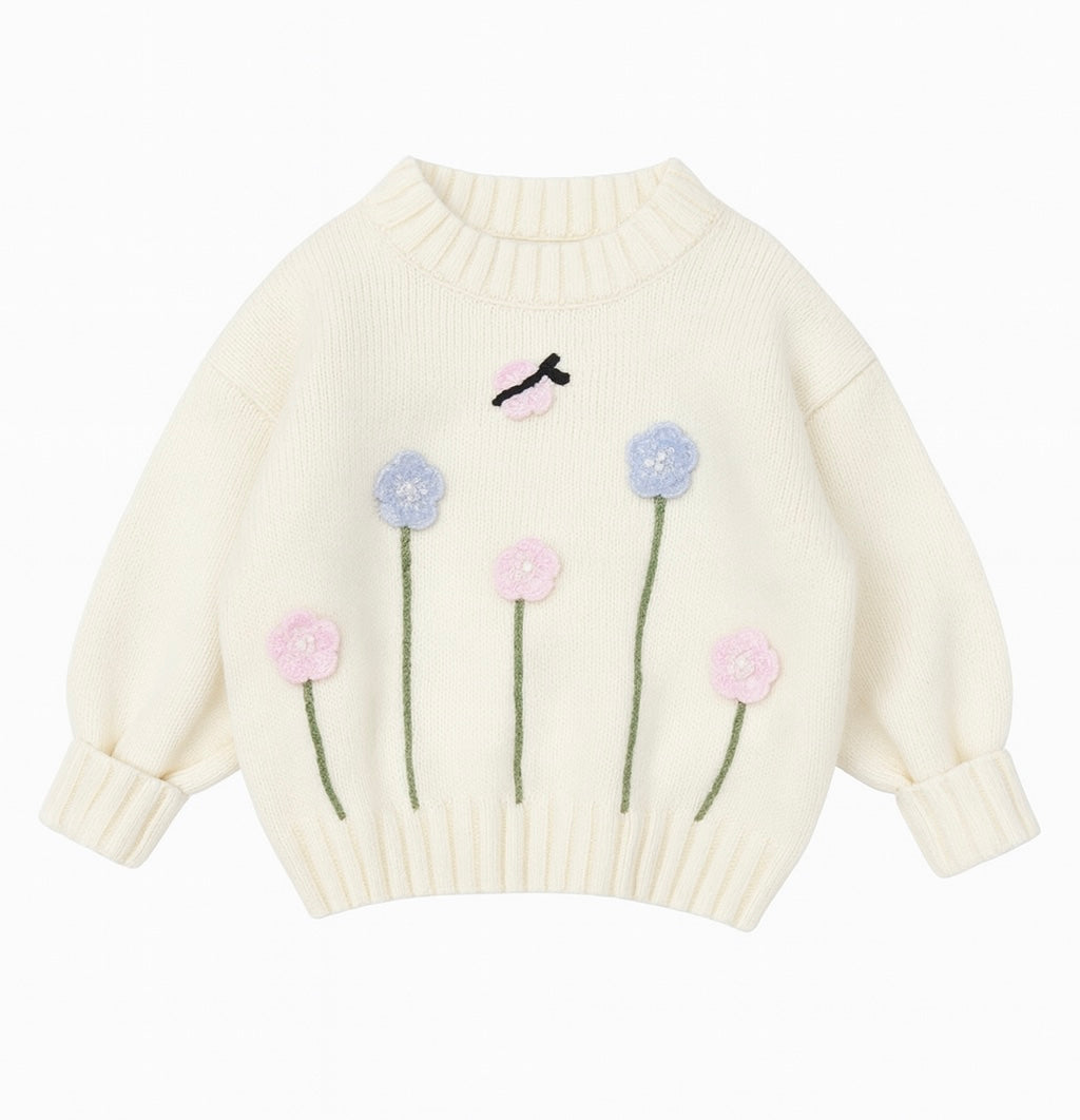 Cream Knit Sweater with 3D Pastel Flower Embroidery