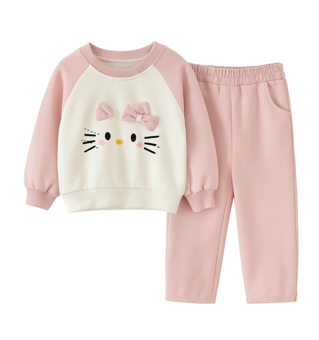 Pink & White Sweatshirt And Pant Set