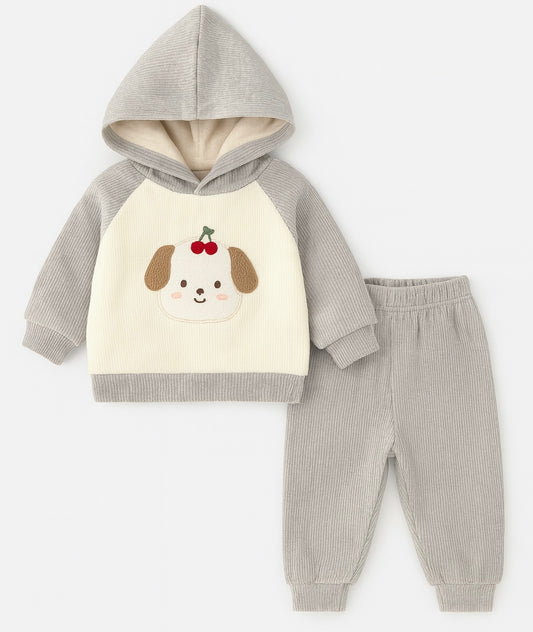 Cherry Pup Baby Set – Grey Hooded Outfit