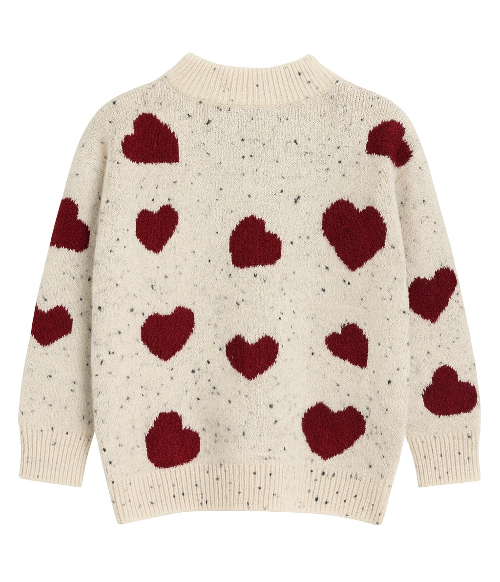 Beige Speckled Knit Sweater with Red Heart Pattern
