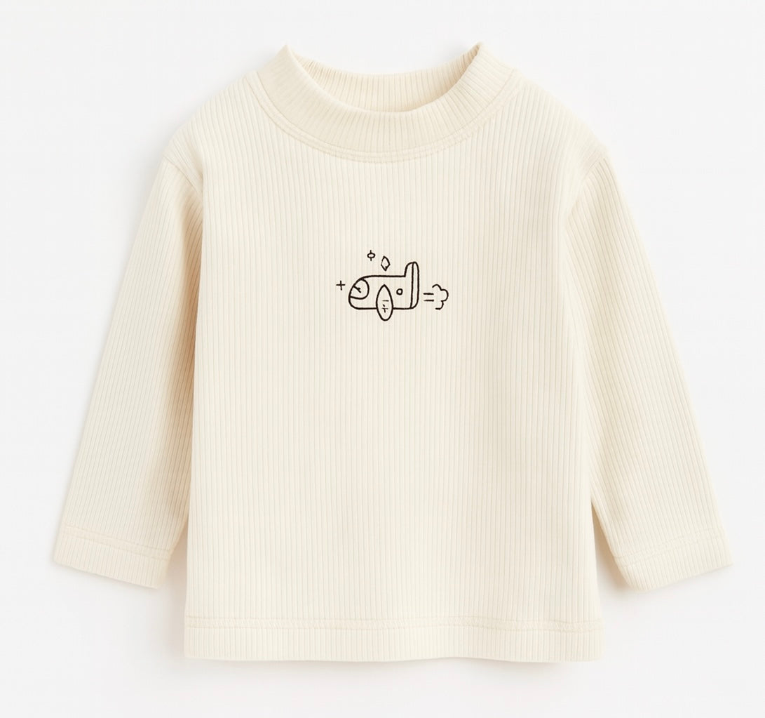 Cream Ribbed Long-Sleeve Top with Rocket Print