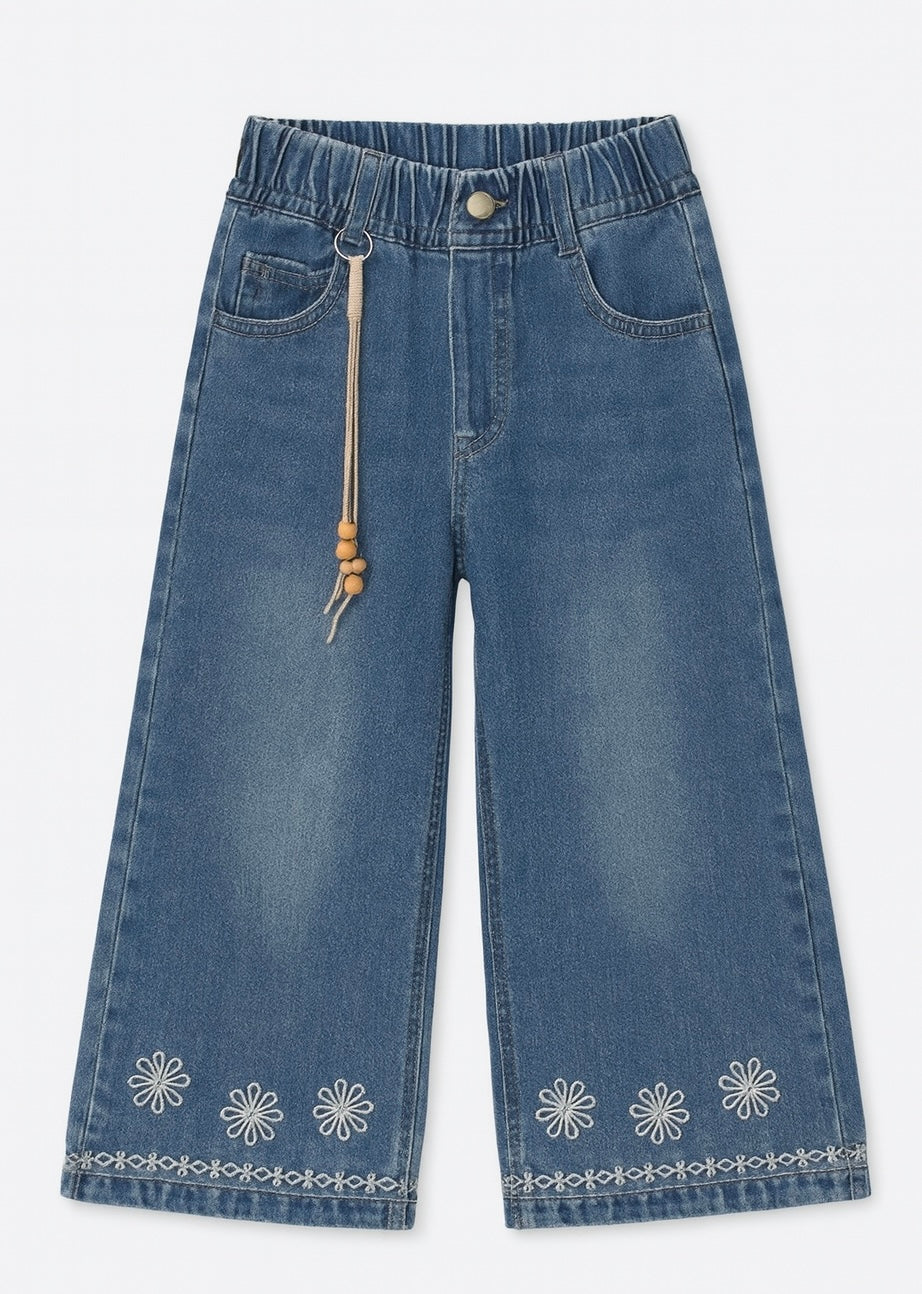 Wide Leg Denim Jeans With Floral Embroidery
