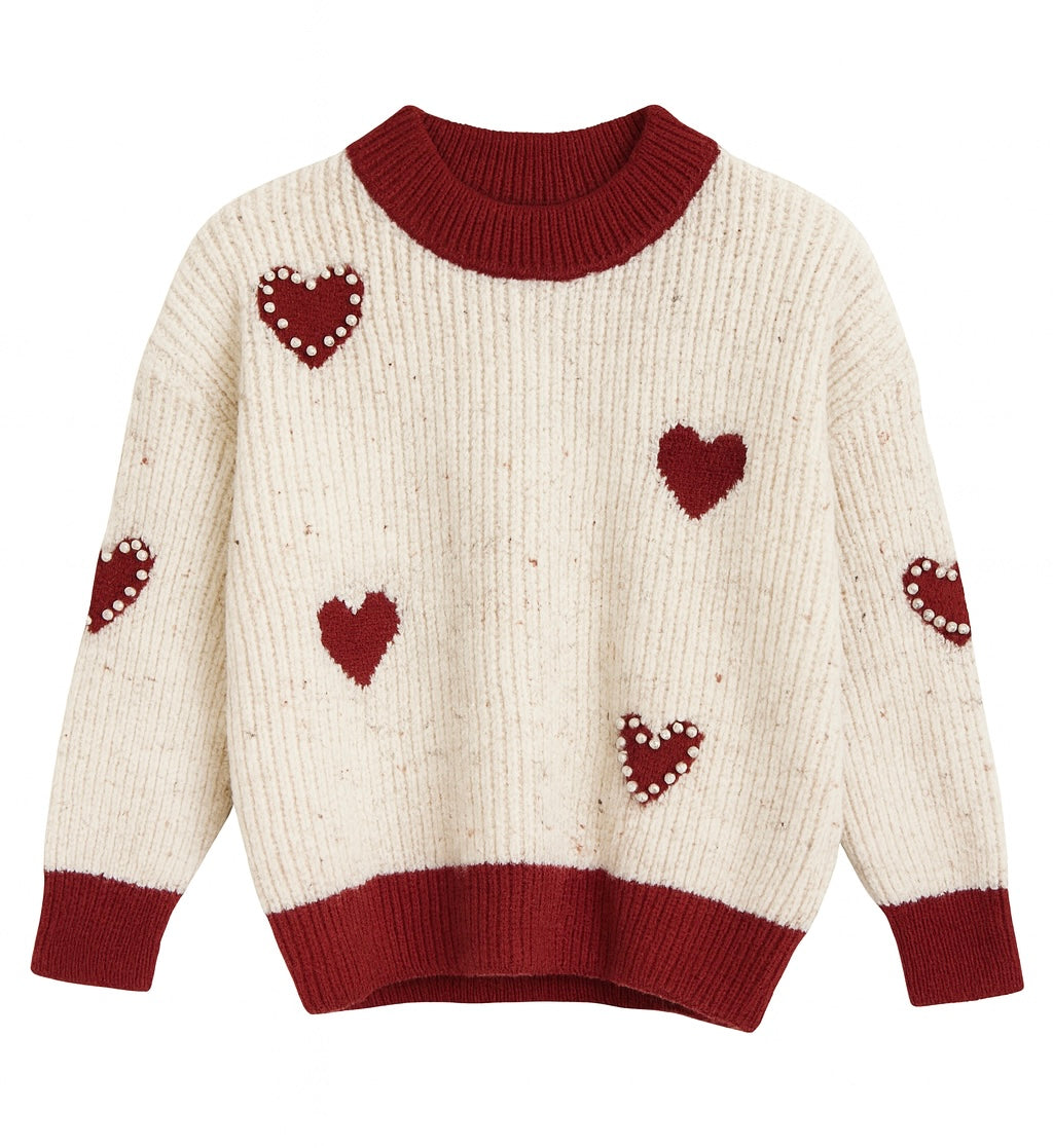 Beige Knit Sweater With Red Hearts
