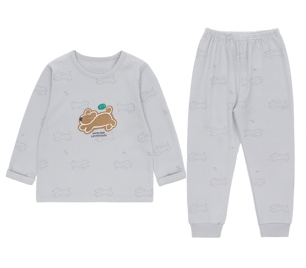 Pajama Set – Cute Dog Print in Light Grey