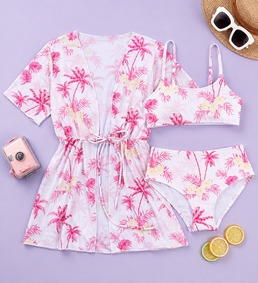 Tropical Palm Print 3-Piece Girls Swim Set