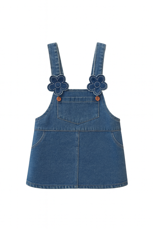 Denim Overall Dress With Adorable Flower Strap
