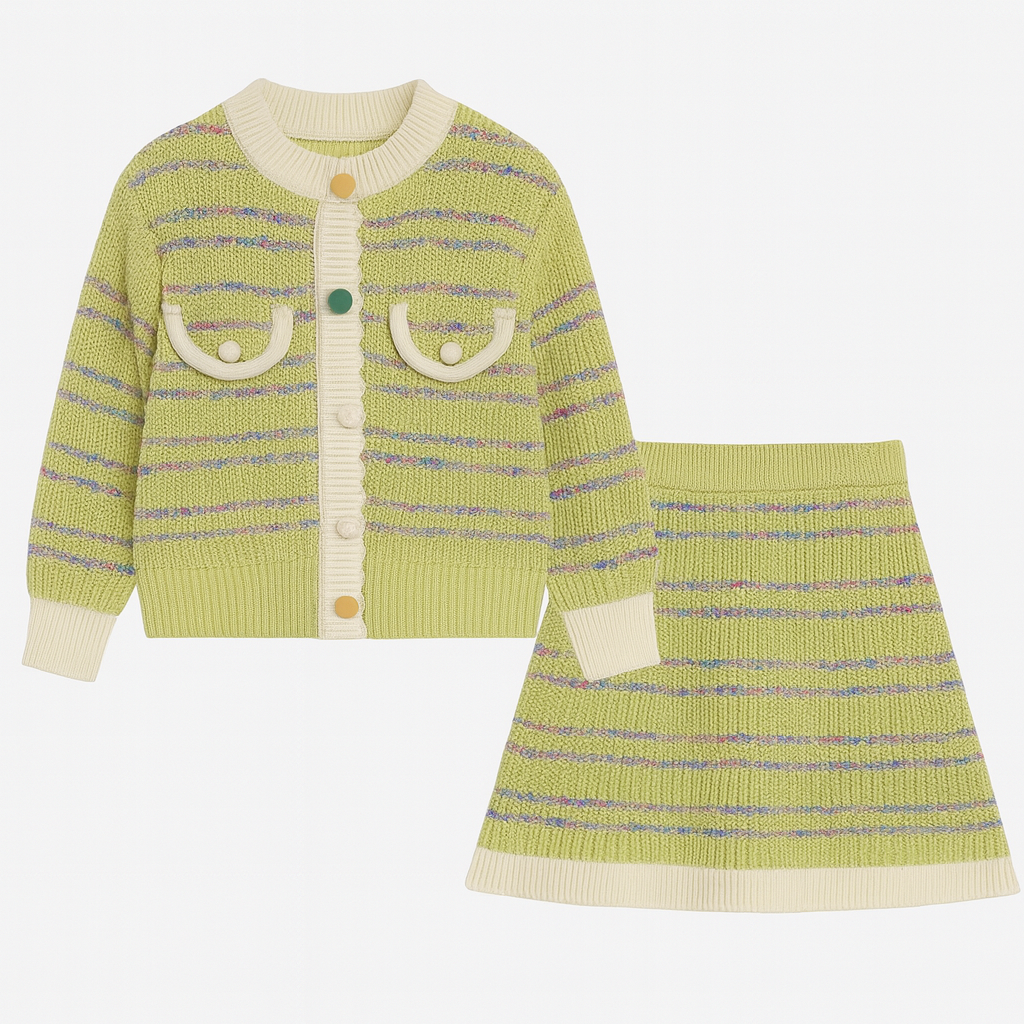 Two-Piece Set Green Knit Cardigan & Pleated Skirt