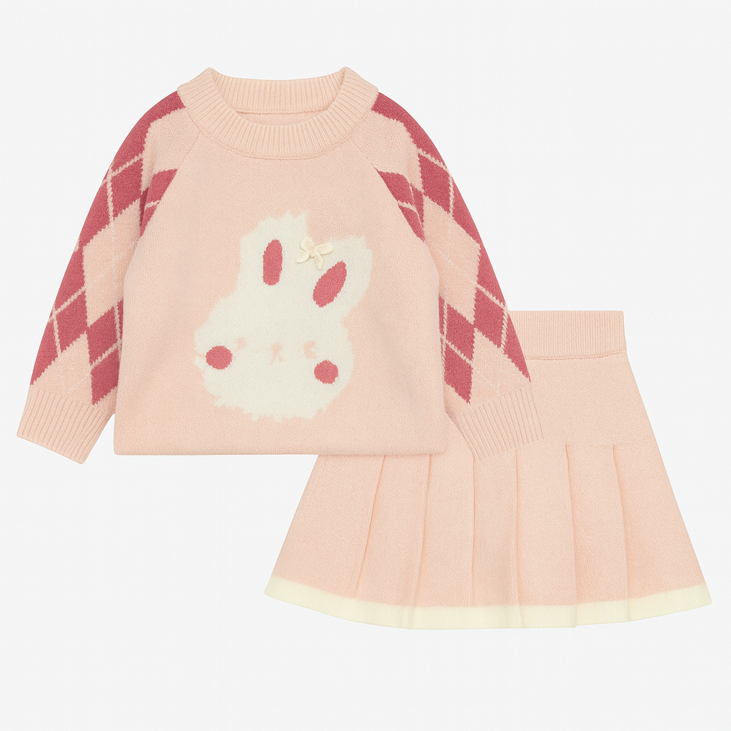 Two-Piece Set Pink Bunny Sweater & Pleated Skirt