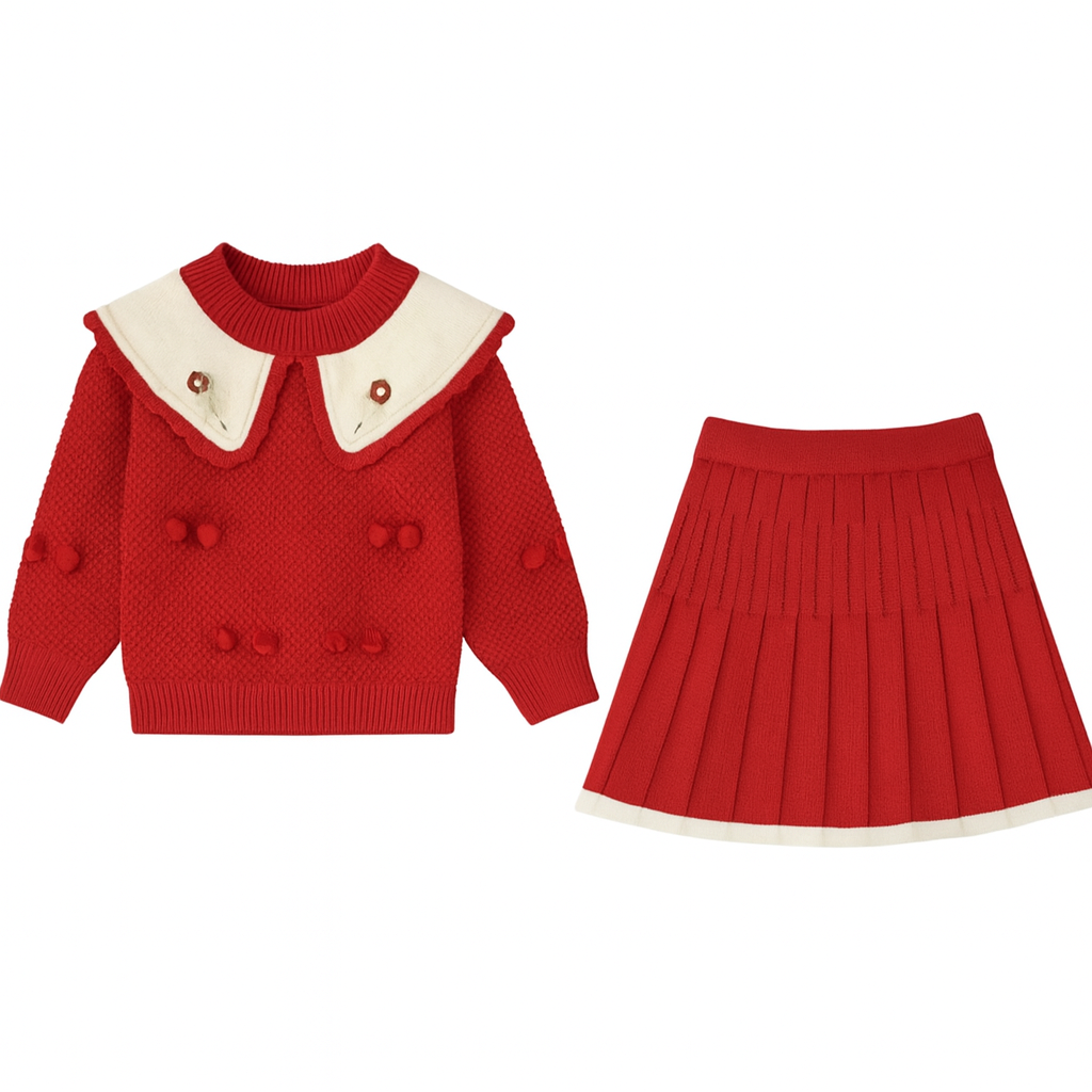 Two-Piece Set Red Knit Sweater & Pleated Skirt
