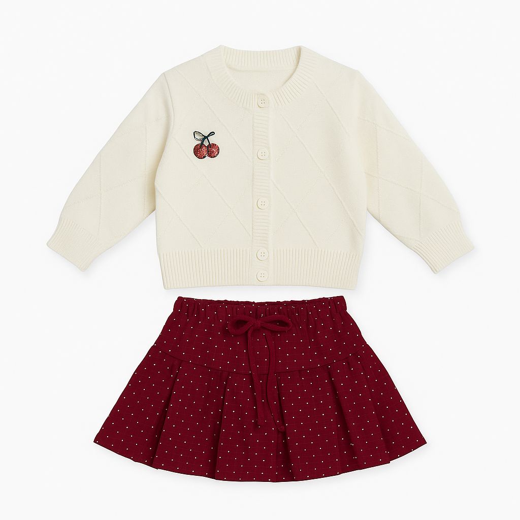 Two-Piece Cream Cardigan With Red Skirt