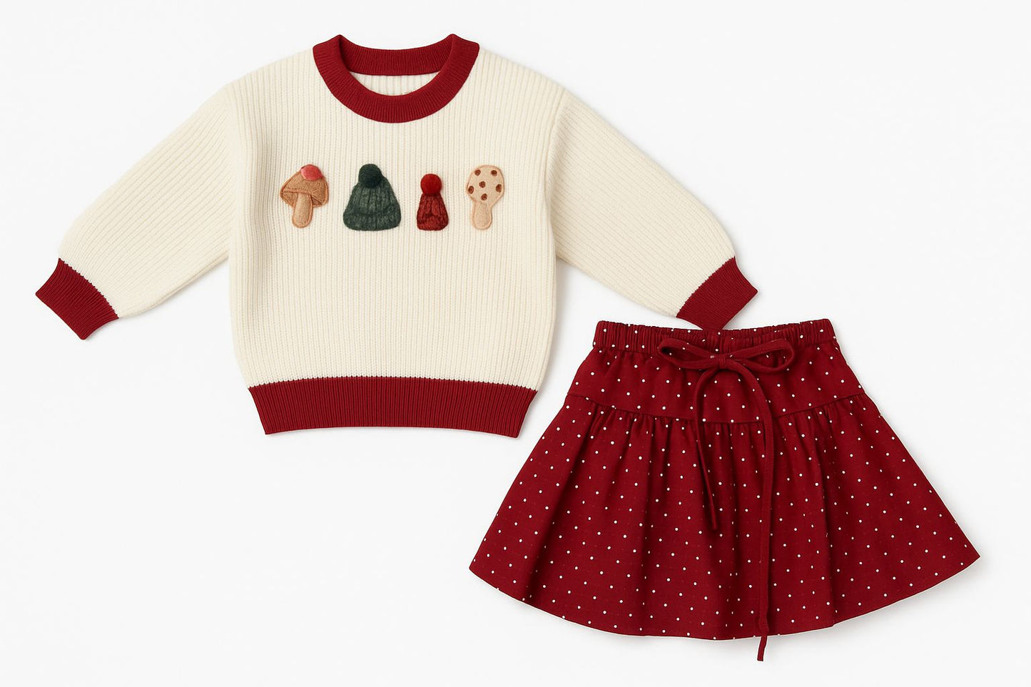 Two-Piece White Knit Sweater & Red Skirt