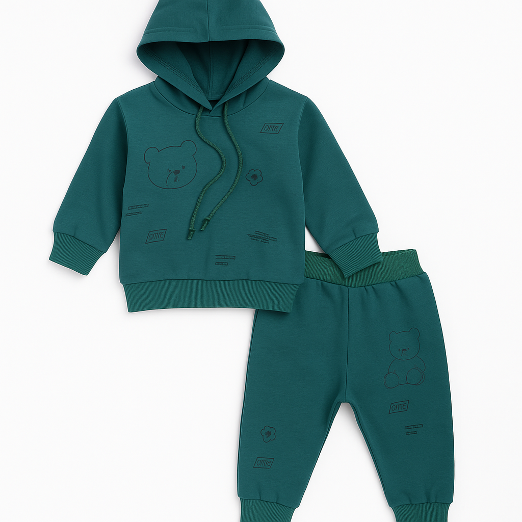 Dark Green Baby Hoodie and Jogger Set with Bear Print Design