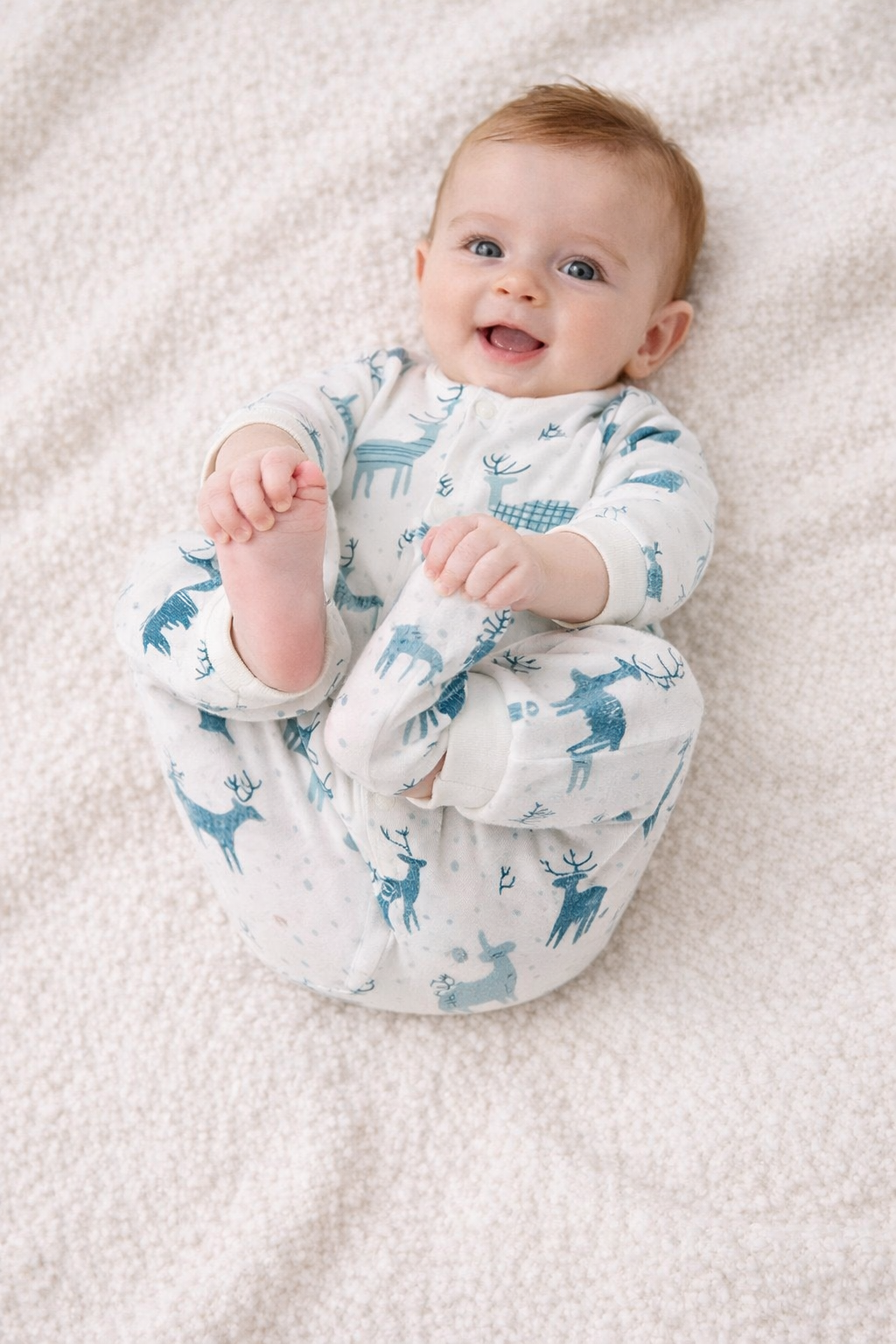 White Baby Sleeper with Blue Reindeer Print