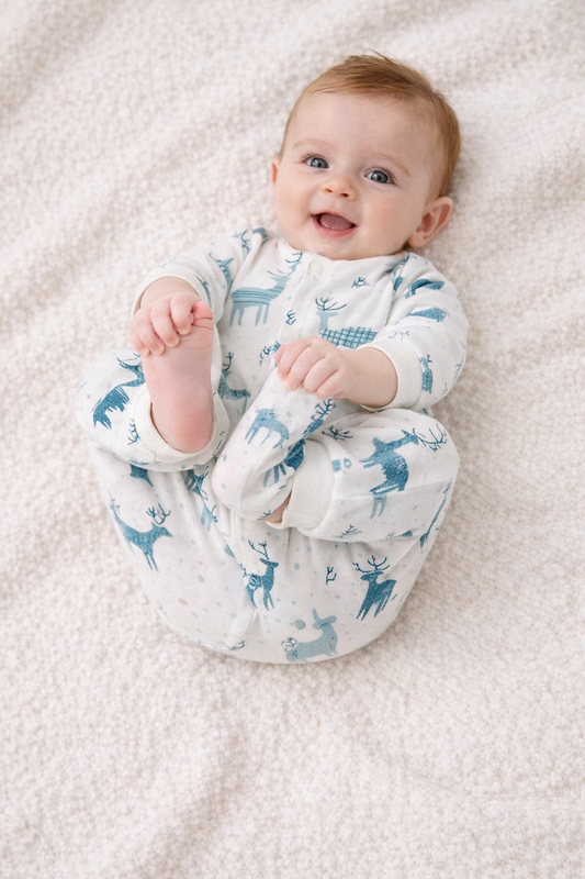 White Baby Sleeper with Blue Reindeer Print