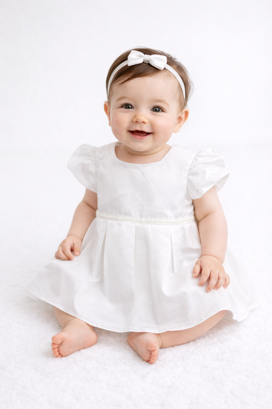 Classic Pearl Trim Baby Girl White Dress