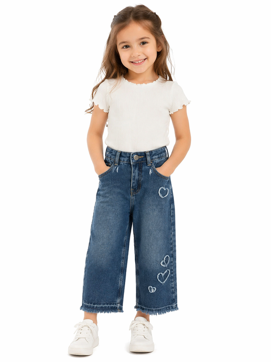Wide-Leg Denim Jeans with Heart Embroidery
