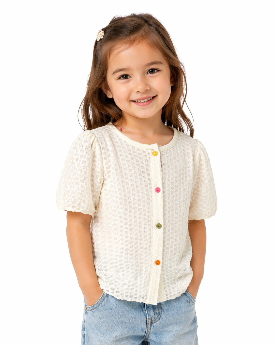 Cream Short Sleeve Textured Blouse