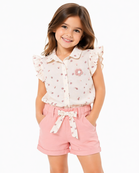Ditsy Floral Ruffle Sleeve Shirt & Pink Shorts Set
