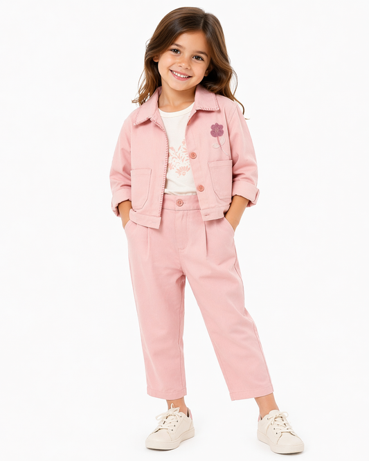 Girls’ Blush Embroidered Jacket & Pant Co-ord Set