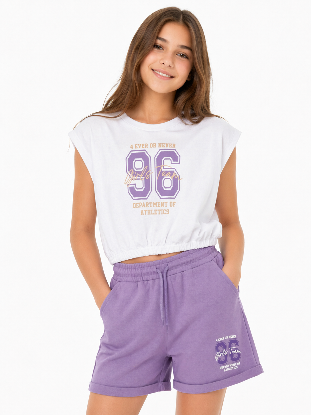 Varsity 96 Crop Tee & Shorts Set – White & Lilac