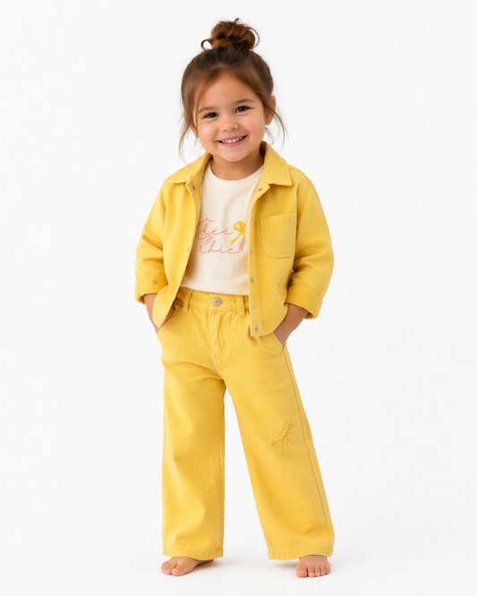 Girls Yellow Jacket & Wide-Leg Pants Casual Set