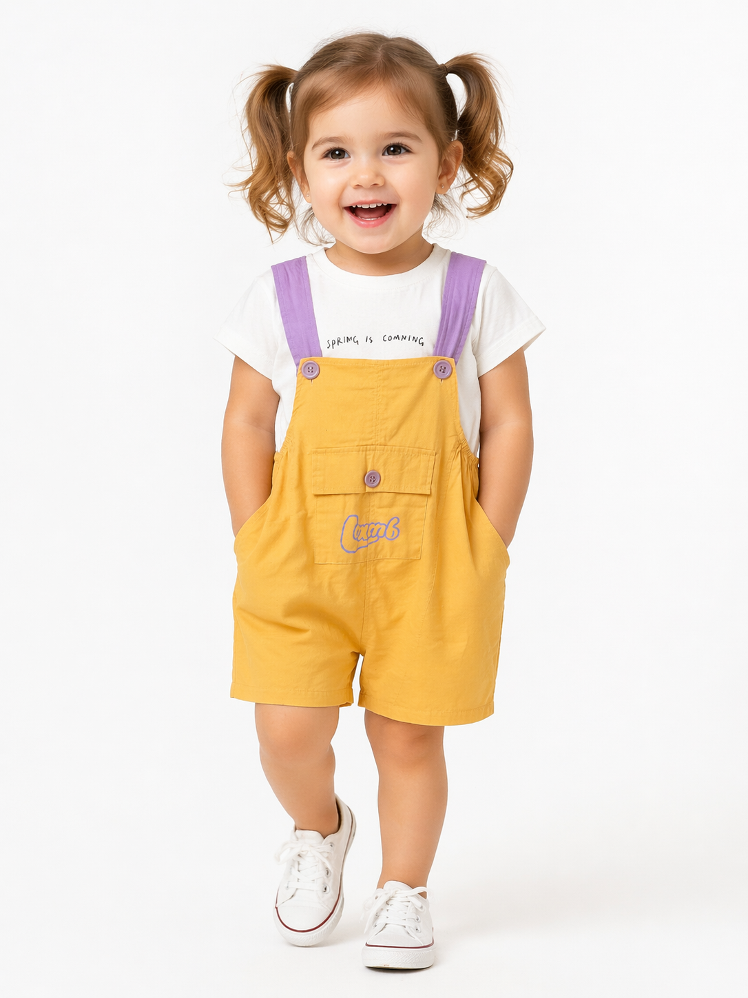 Yellow Overall Shorts with White Tee Set