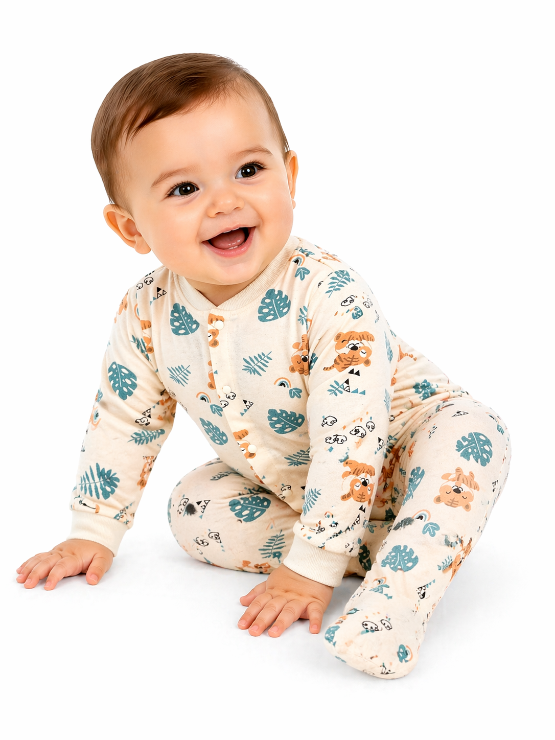 Baby Boy Tiger & Leaf Print Cotton Romper